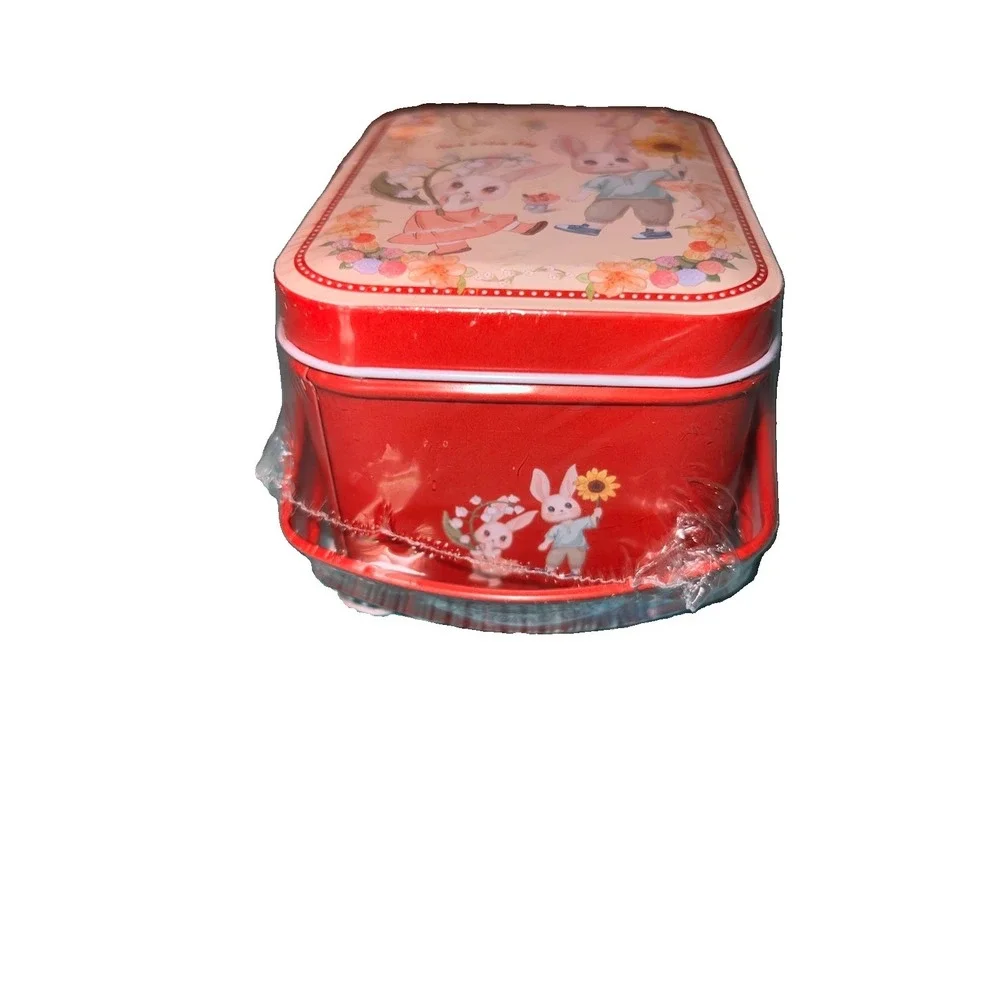 Kawaii Pastel Bunny Picnic Metal Tin Box Red Storage Case Cottagecore Cute New